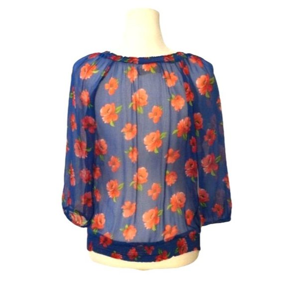Hollister Sheer Floral Blouse, See Through Top, Button Up, Size Large, Blue with - Picture 5 of 11